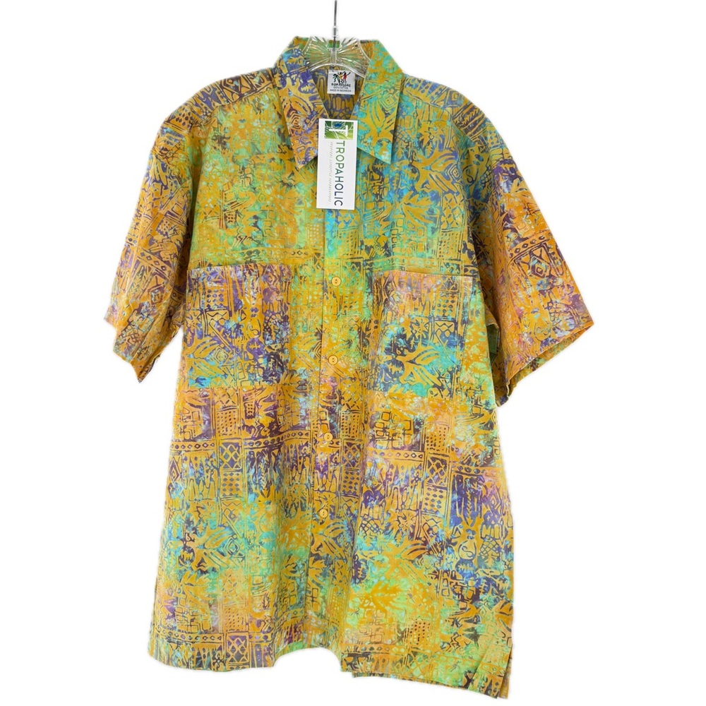 Rum Reggae Hawaiian Batik Camp Shirt "Mozambique" Saffron/Turq. Size Large NWT - Picture 9 of 16